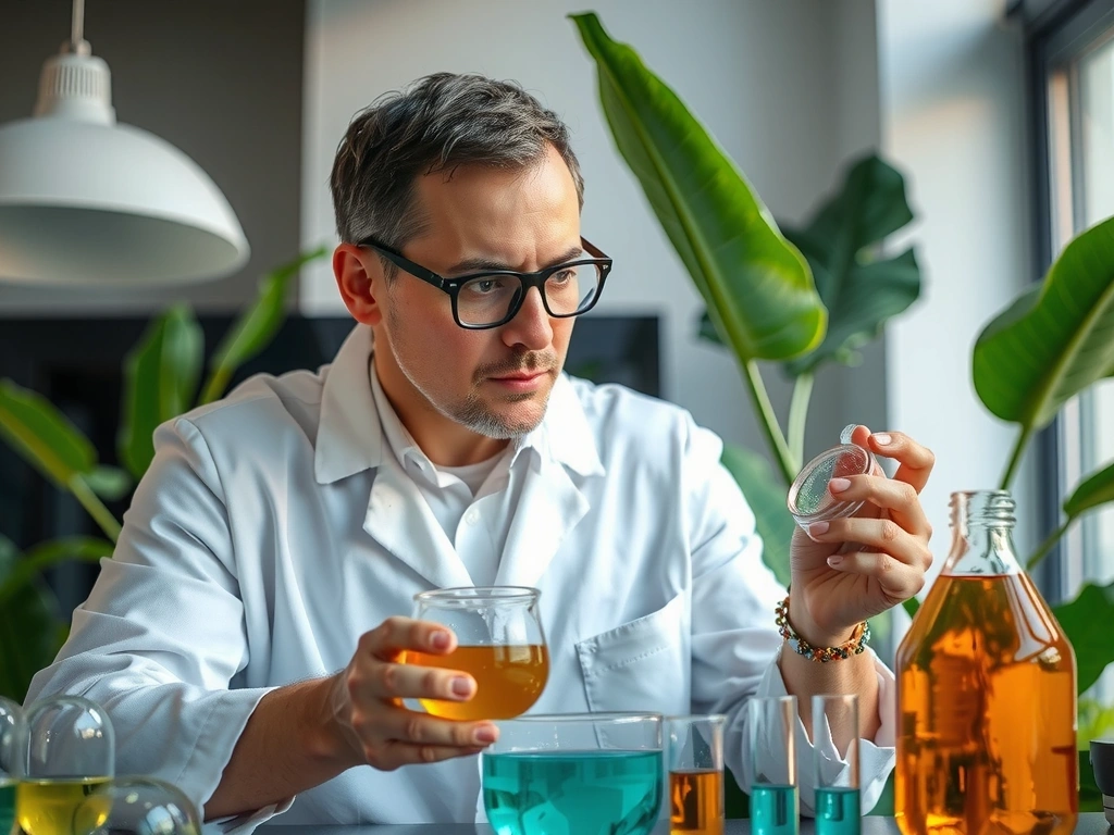 A scientist in a lab coat meticulously examining plant extracts in glassware, with a backdrop of green leaves and natural light.