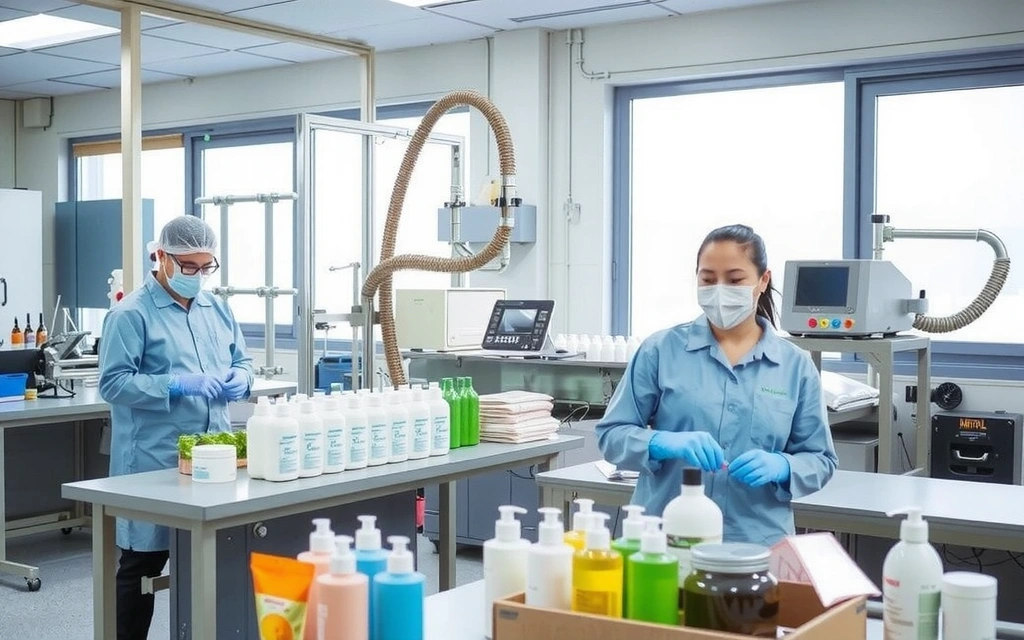 A sustainable manufacturing floor with clean machinery, focusing on natural product packaging, with workers in protective gear.
