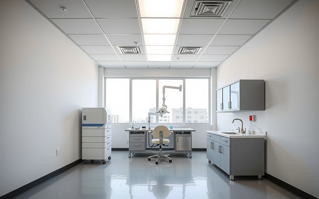 Interior of a clean, modern cosmetic laboratory with advanced equipment and natural light, showcasing precision and hygiene.