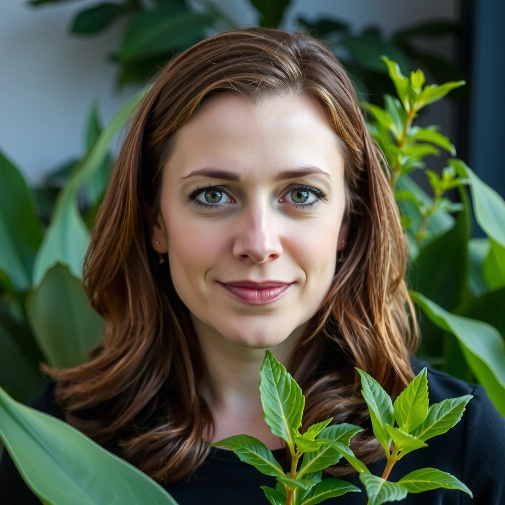 Portrait of a female botanist, founder of Botanical Essence & Tone, with a warm, visionary expression, surrounded by lush green plants.