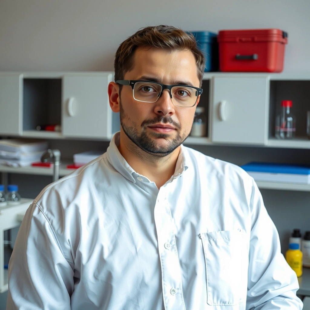 Portrait of a male chemist specializing in natural ingredients, with a thoughtful and precise expression in a modern lab setting.