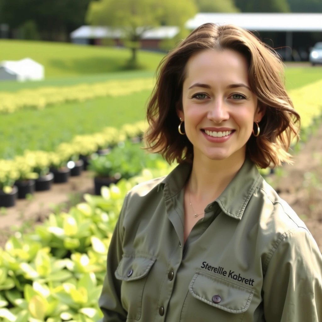 Portrait of a female sustainability expert with an approachable smile, standing in a field of botanicals or a sustainable farm.