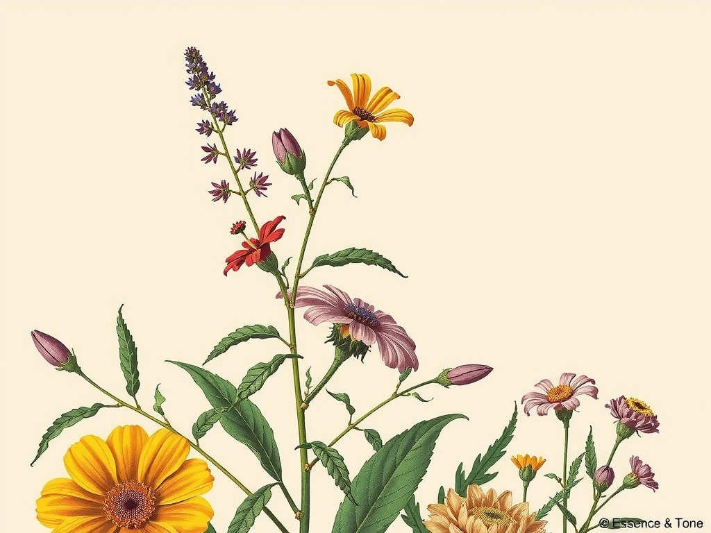 Vintage botanical illustration of various healing herbs and flowers, rendered in a delicate, scientific style.