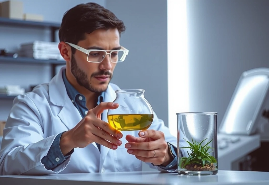 A scientist in a lab coat examining plant extracts in a laboratory, symbolizing scientific research in natural ingredients.