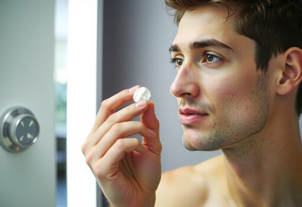 A man applying face cream in a bathroom mirror, representing men's skincare routine.
