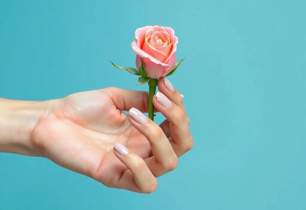 A woman's hand gently touching a rose, symbolizing the delicate care and natural essence of women's skincare.