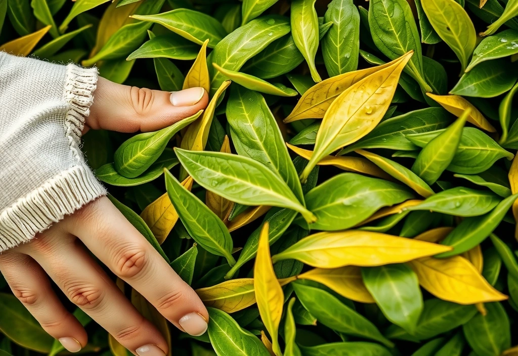 Close-up of fresh green tea leaves being harvested, symbolizing natural ingredients and wellness.