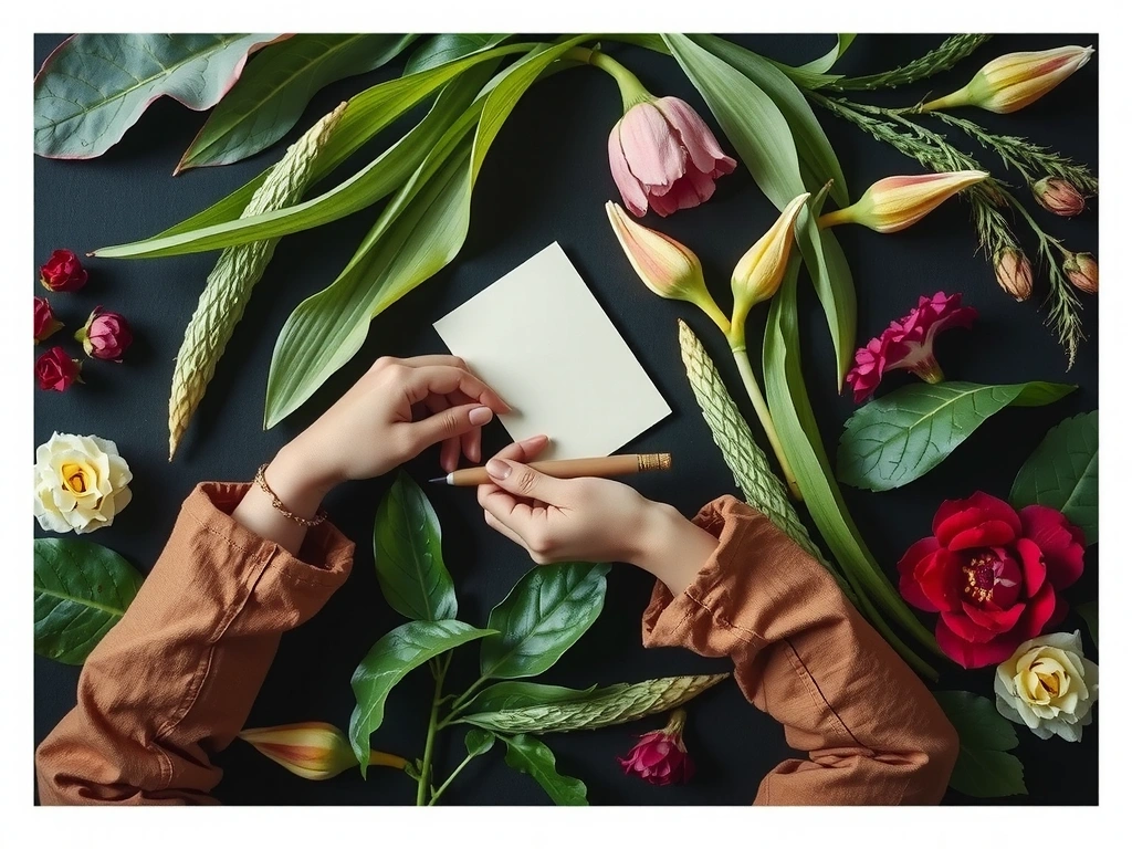 A person writing a letter, surrounded by lush botanical elements.