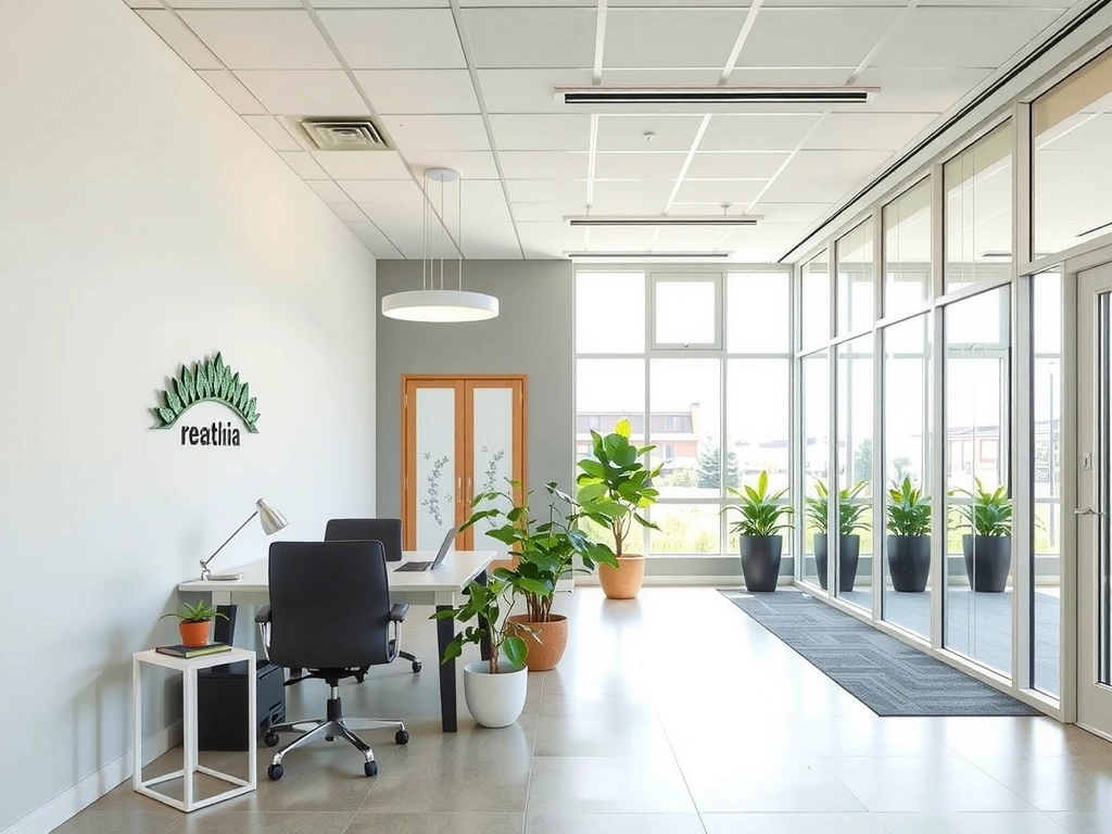 Elegant office space with natural light and botanical decor, representing Botanical Essence & Tone headquarters.