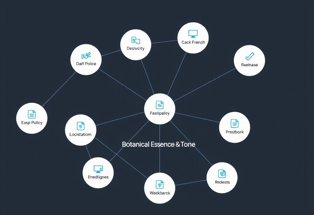 A network of connected nodes representing different third-party services and data flow, with a central node for Botanical Essence & Tone website, illustrating the use of third-party cookies. Stylized, clean design.