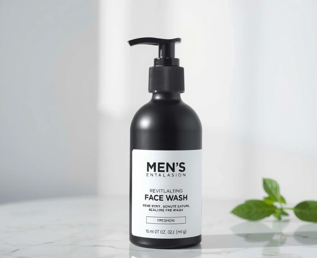 A sleek bottle of Men's Revitalizing Face Wash with a fresh, natural aesthetic.