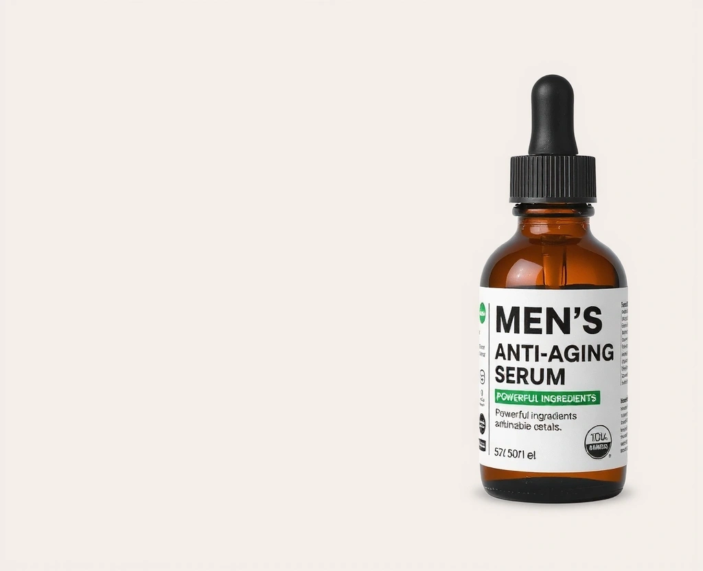 A bottle of Men's Anti-Aging Serum with a minimalist design, highlighting its powerful ingredients.