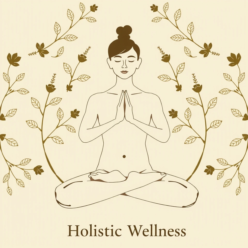 A stylized human figure in a meditative pose surrounded by delicate plant elements, representing holistic wellness.