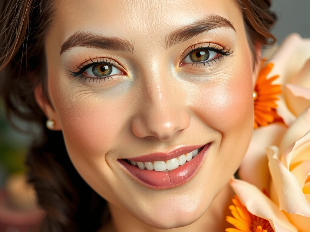 A radiant woman's face with soft, glowing skin, showcasing a natural and elegant beauty, enhanced by subtle floral elements in the background.