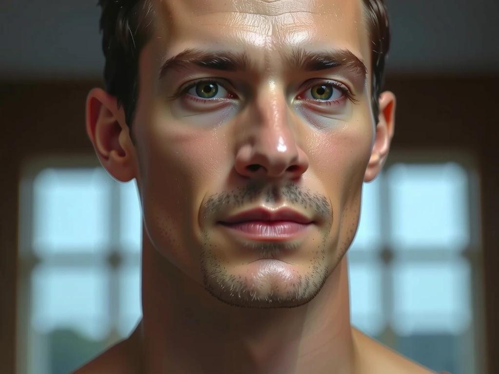 A sophisticated man's face with clear, vibrant skin, subtly enhanced by natural light, embodying a fresh and confident look.