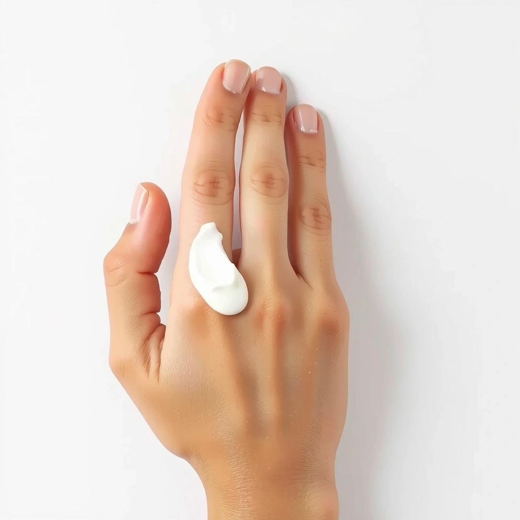 A delicate hand gently applying a cream to smooth, healthy skin, illustrating the gentle nature of the product.