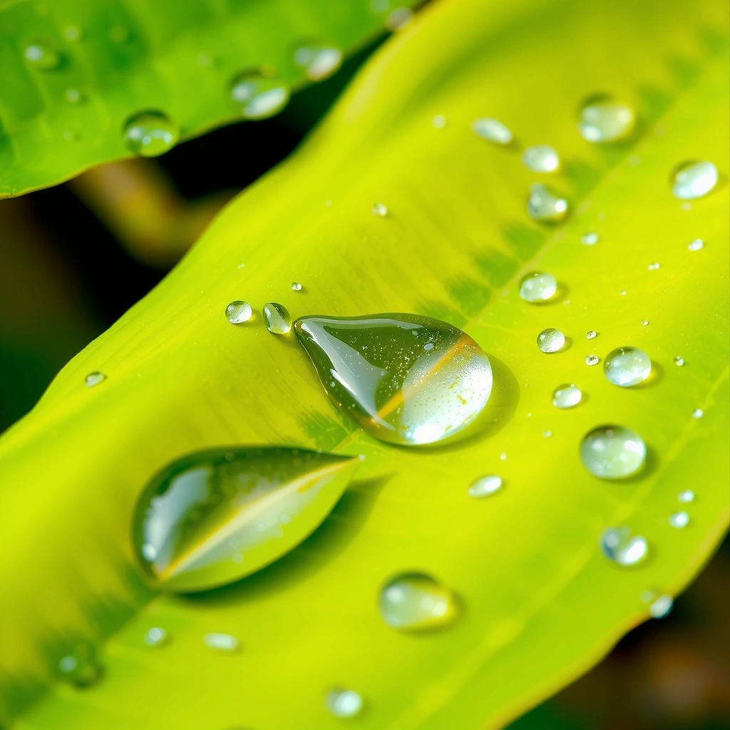 A vibrant green leaf with water droplets, symbolizing vitality and natural energy.