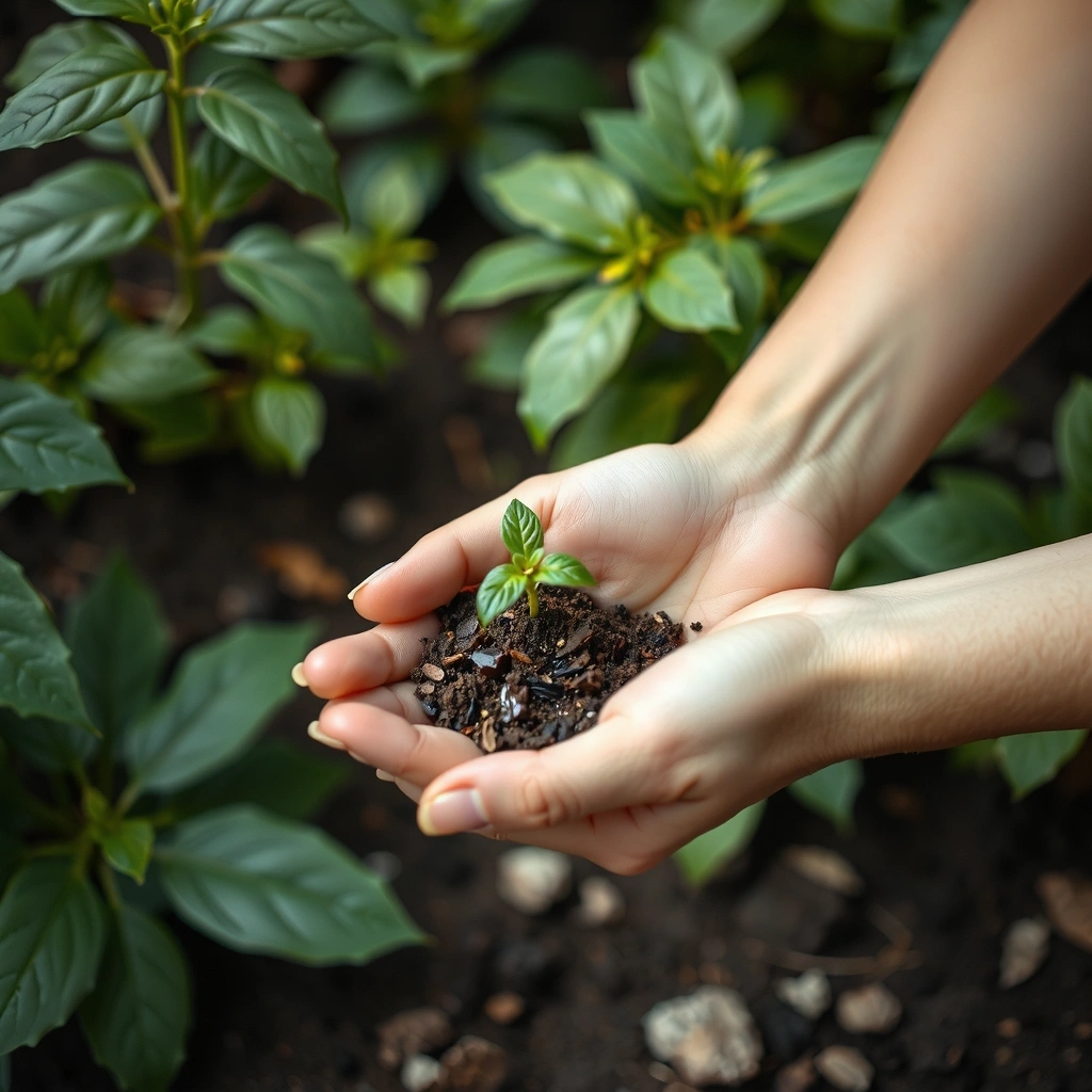 Hands holding a small plant sprout in rich soil, depicting sustainable and ethical sourcing practices.