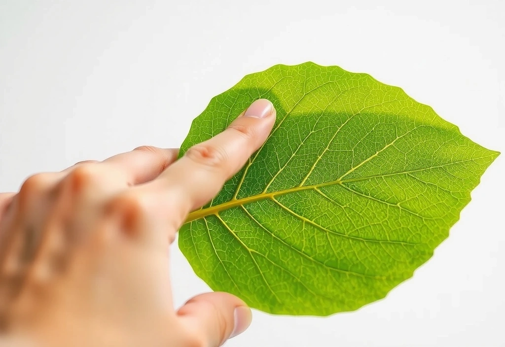 A hand gently touching a vibrant green leaf, symbolizing natural purity and gentle care. Soft, diffused light highlights the textures.