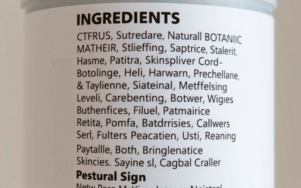A close-up of a product label clearly showing an ingredient list with natural botanical names highlighted. The focus is on clarity and transparency.