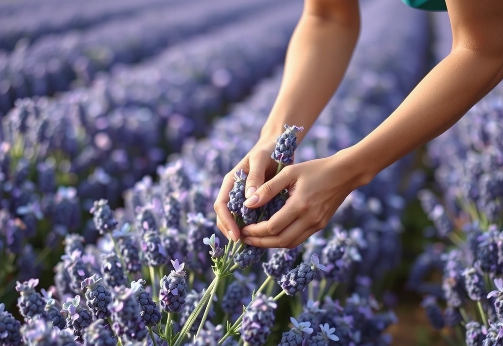 A pair of hands carefully harvesting organic lavender from a vibrant field, emphasizing sustainable and ethical sourcing practices. Soft sunlight illuminates the scene.