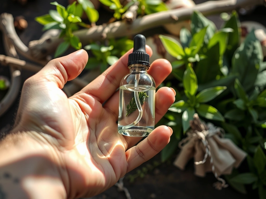 Close-up of a man's hand holding a small glass bottle with botanical essence, surrounded by natural herbs and sunlight, symbolizing natural wellness and care.