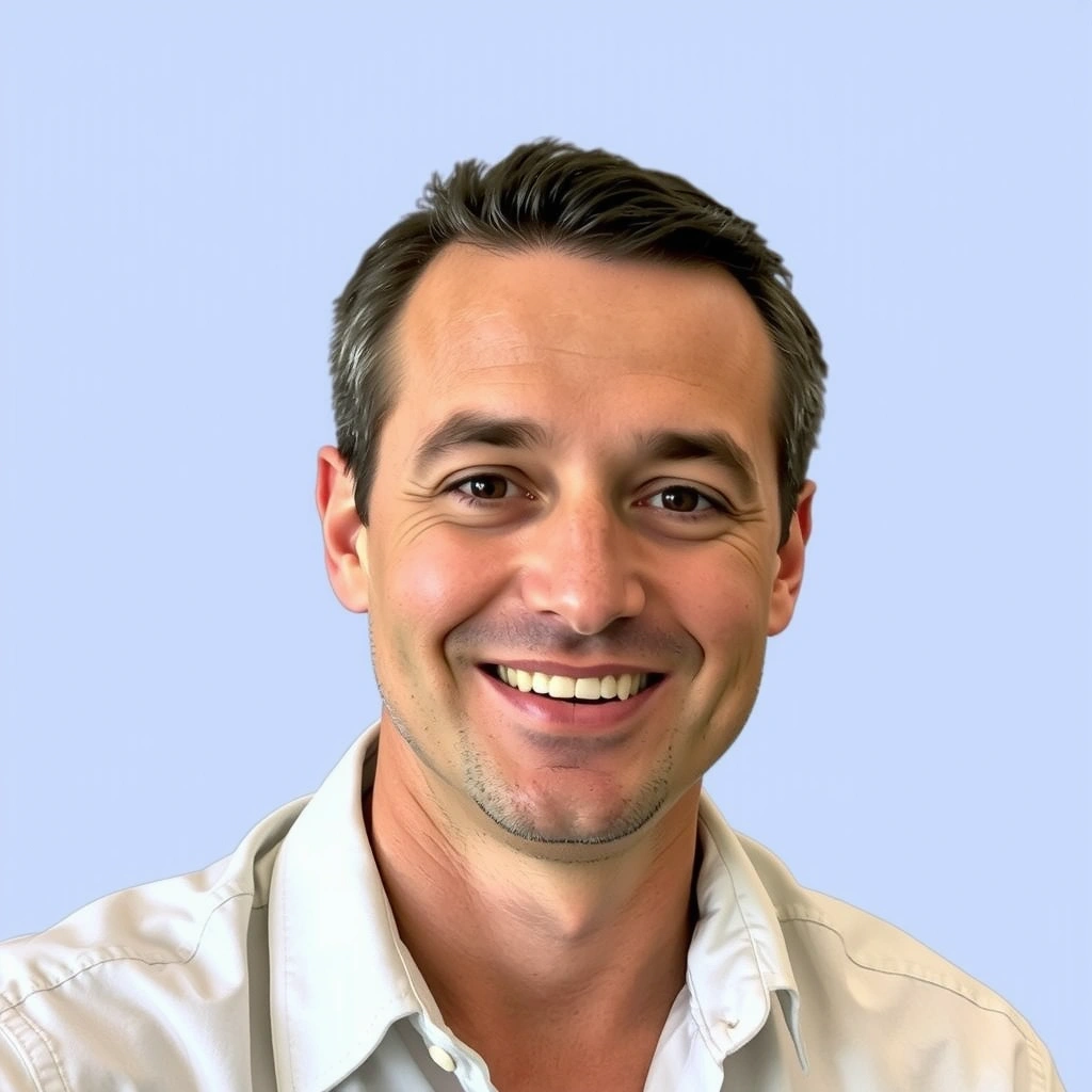 Portrait of a smiling middle-aged man with short, neat hair and a confident expression, wearing a casual shirt.
