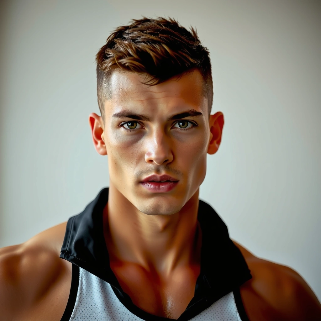 Portrait of a fit young man with a determined gaze, short hair, and activewear, suggesting an active lifestyle.