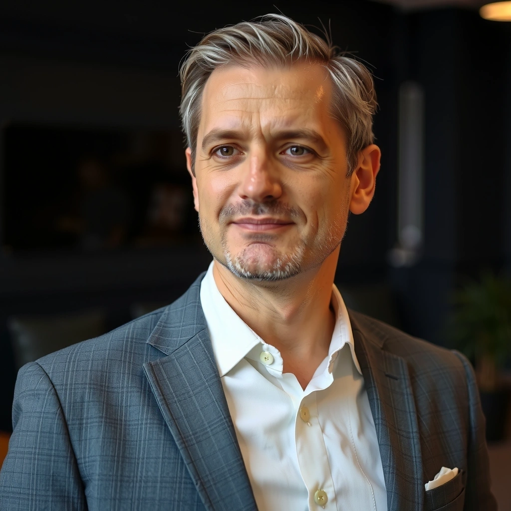 Portrait of a thoughtful man in his late 30s, with a relaxed expression, wearing smart casual attire.