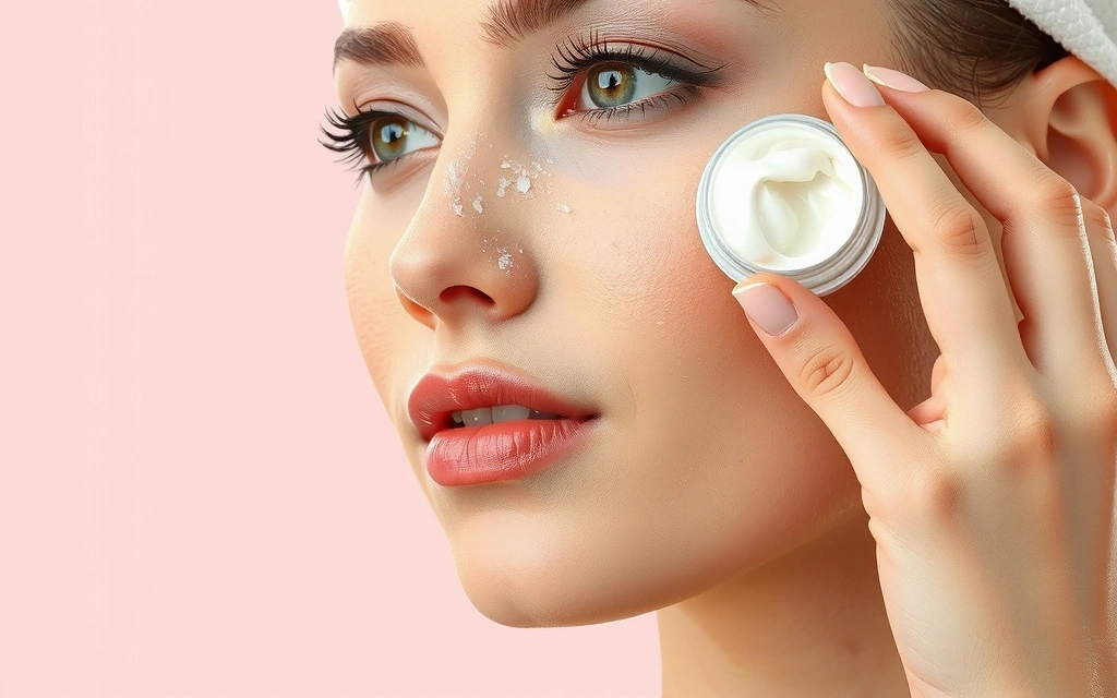 Close-up of a woman applying a botanical cream to her face, soft lighting, natural glow